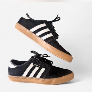 Adidas Men's Black and White Sneakers with Tan Sole